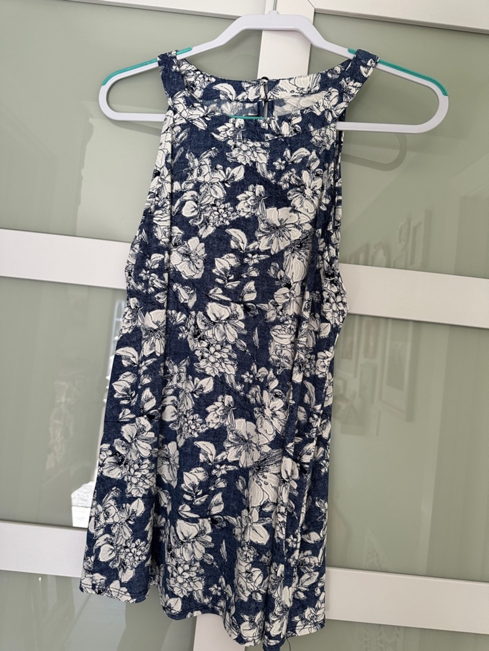 Floral High-Neck Navy and White Tank Top